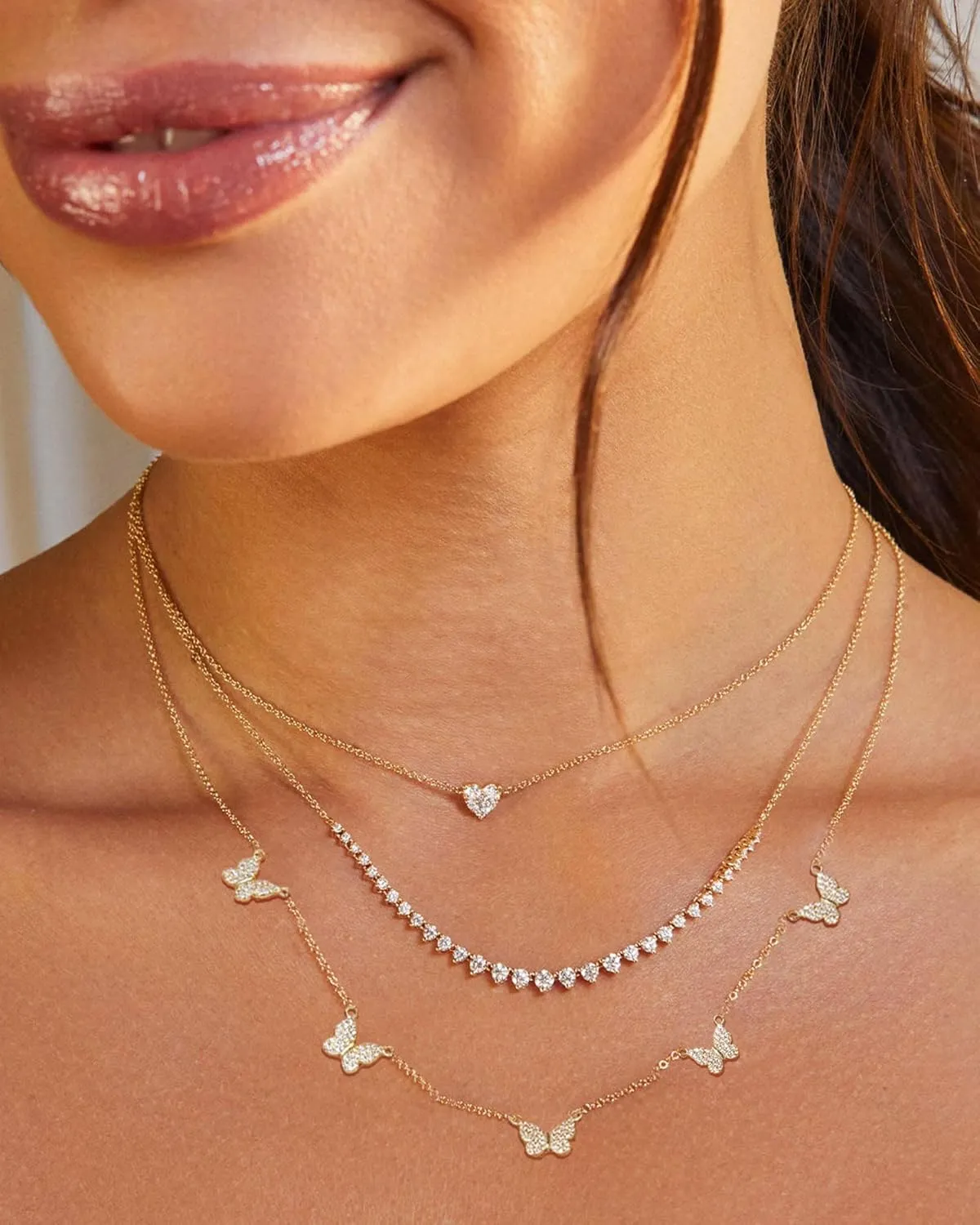 FUNEIA Dainty Silver Gold Necklaces for Women Trendy Non Tarnish 14K Gold Plated Cubic Zirconia Necklace Layered Cute Butterfly Heart Station Choker Necklace Stack for Wedding Prom Brides Jewelry
