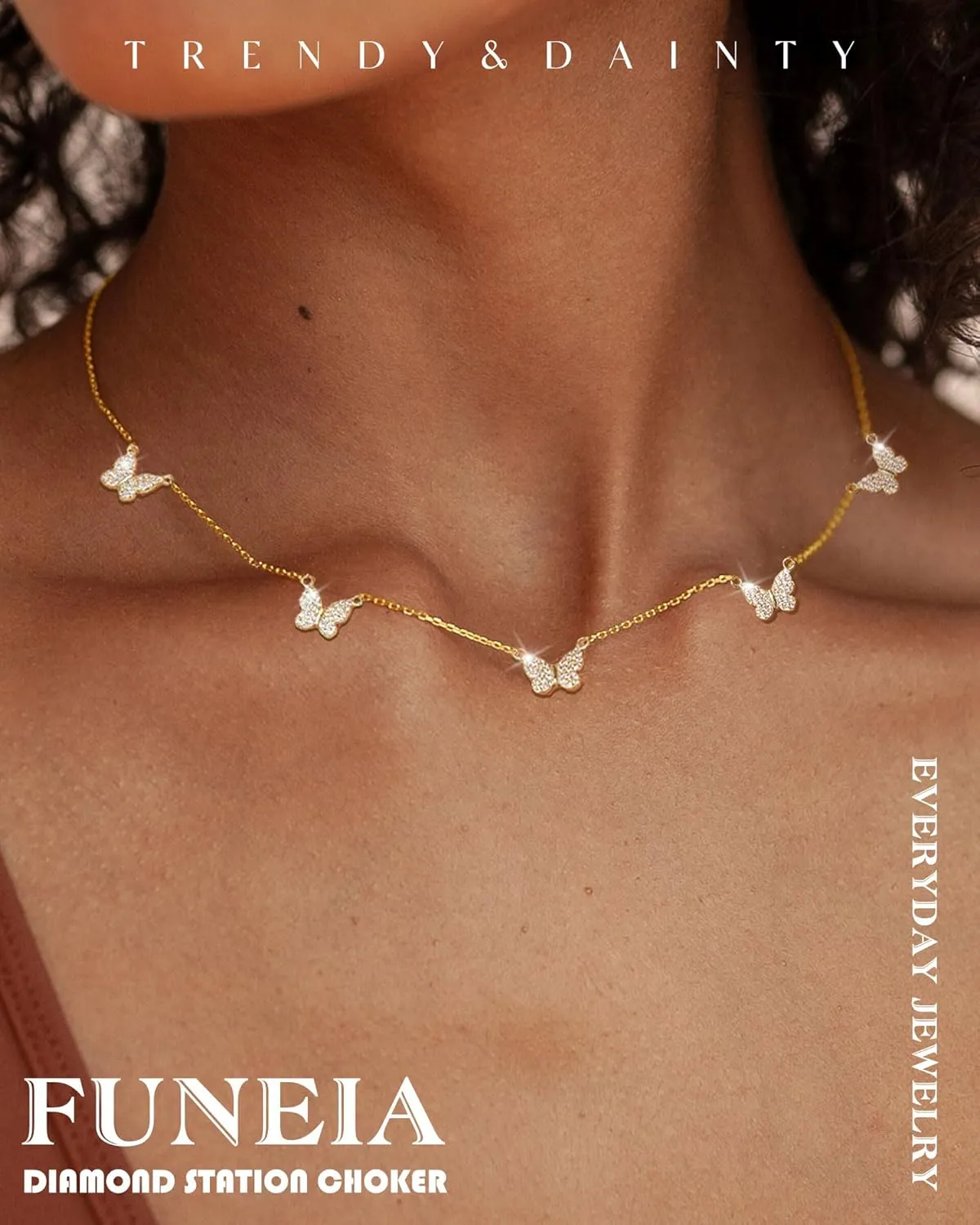 FUNEIA Dainty Silver Gold Necklaces for Women Trendy Non Tarnish 14K Gold Plated Cubic Zirconia Necklace Layered Cute Butterfly Heart Station Choker Necklace Stack for Wedding Prom Brides Jewelry
