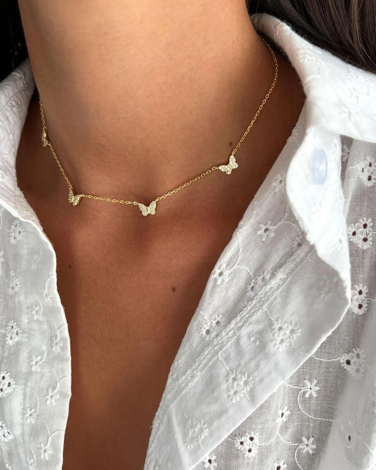 FUNEIA Dainty Silver Gold Necklaces for Women Trendy Non Tarnish 14K Gold Plated Cubic Zirconia Necklace Layered Cute Butterfly Heart Station Choker Necklace Stack for Wedding Prom Brides Jewelry