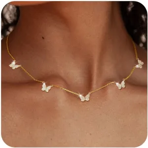 FUNEIA Dainty Silver Gold Necklaces for Women Trendy Non Tarnish 14K Gold Plated Cubic Zirconia Necklace Layered Cute Butterfly Heart Station Choker Necklace Stack for Wedding Prom Brides Jewelry