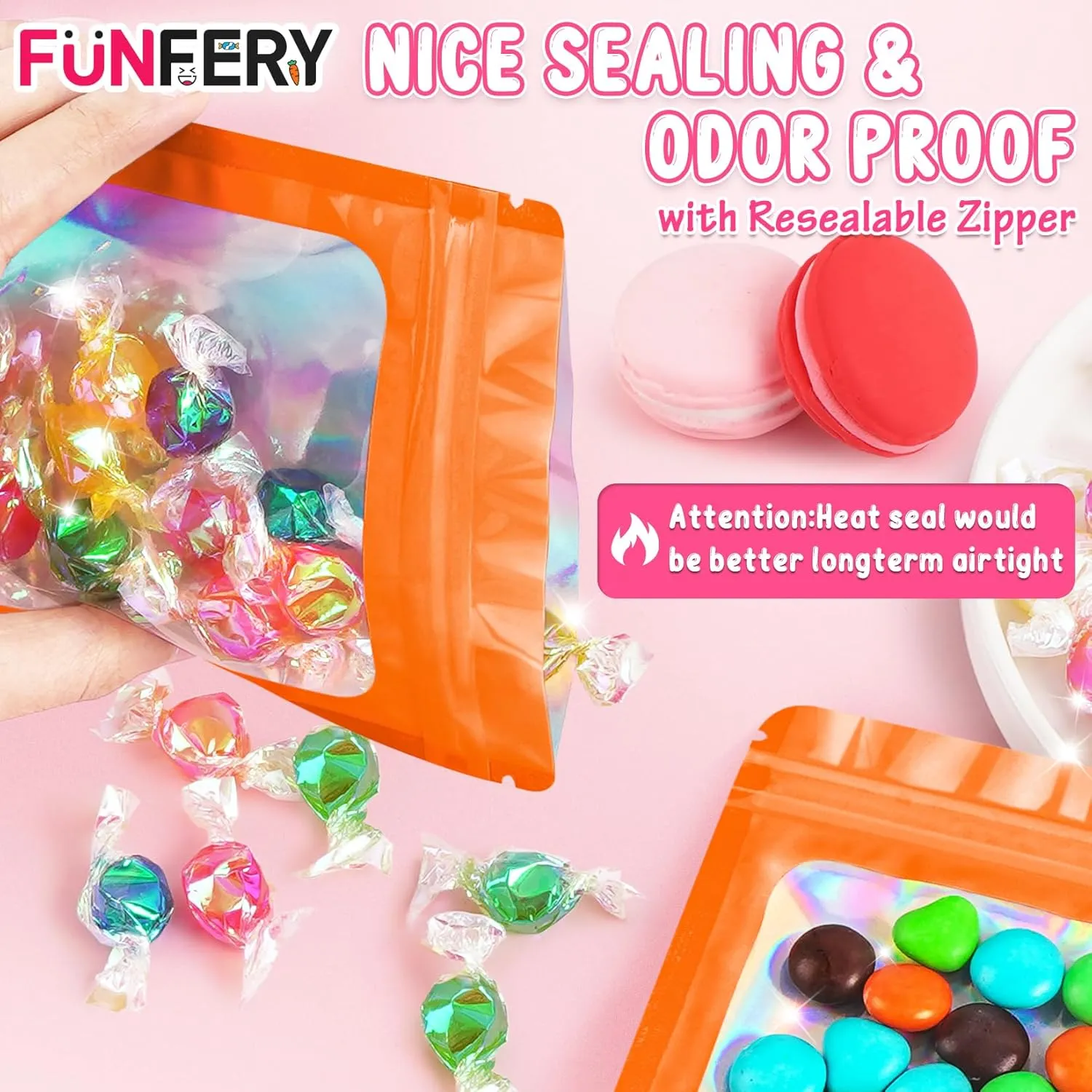 Funfery 100 Pack Resealable Bags Clear Holographic Bags,Smell Proof Packaging Baggies,Mylar Food Storage Bag,Zipper Sealing Pouch for Coffee Beans,Cookies,Jewelry Sample Small Business(Orange,4x6in)
