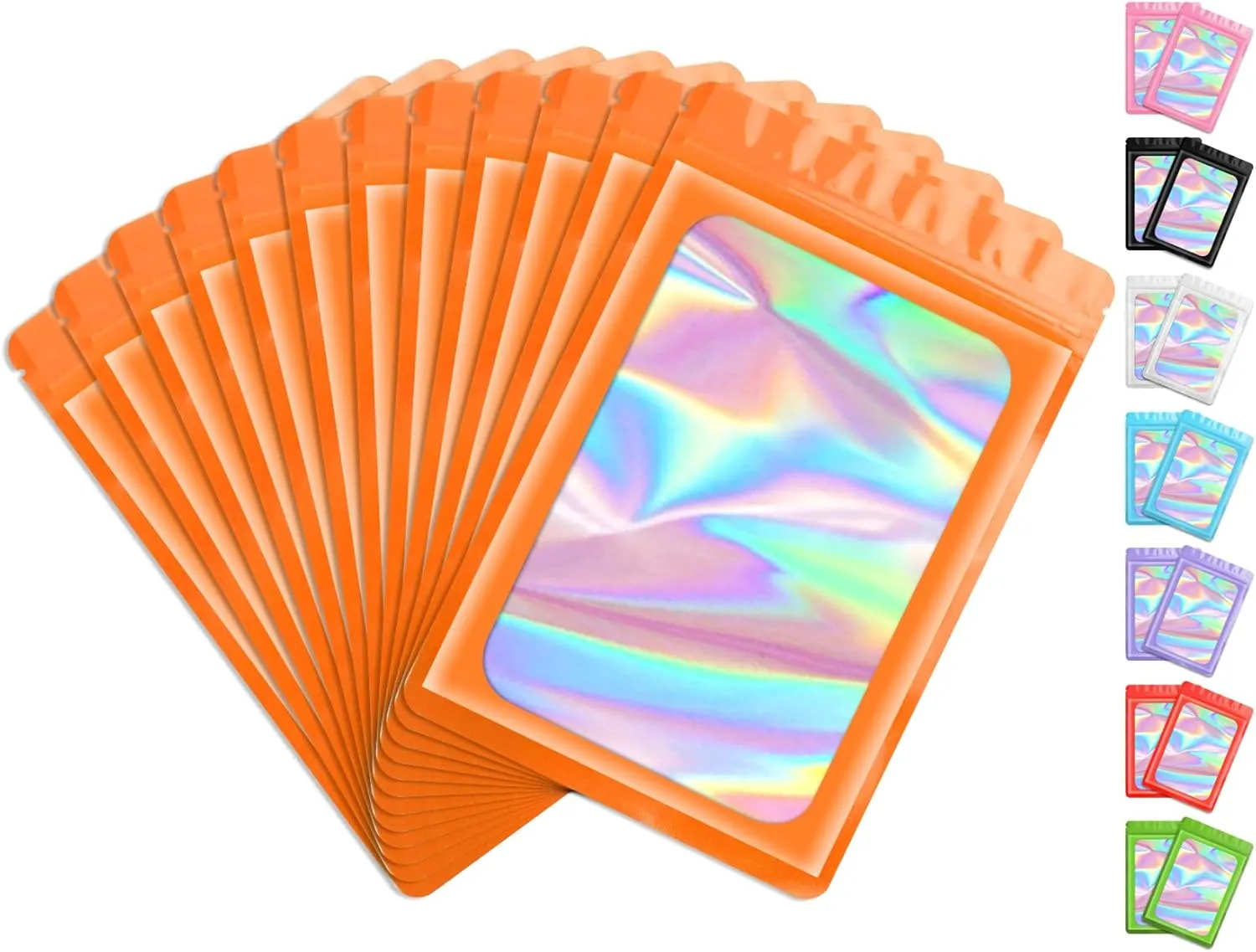 Funfery 100 Pack Resealable Bags Clear Holographic Bags,Smell Proof Packaging Baggies,Mylar Food Storage Bag,Zipper Sealing Pouch for Coffee Beans,Cookies,Jewelry Sample Small Business(Orange,4x6in)