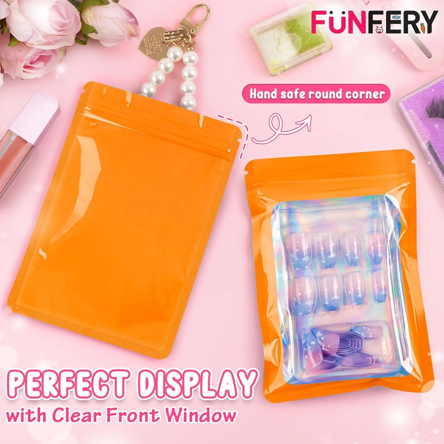 Funfery 100 Pack Resealable Bags Clear Holographic Bags,Smell Proof Packaging Baggies,Mylar Food Storage Bag,Zipper Sealing Pouch for Coffee Beans,Cookies,Jewelry Sample Small Business(Orange,4x6in)
