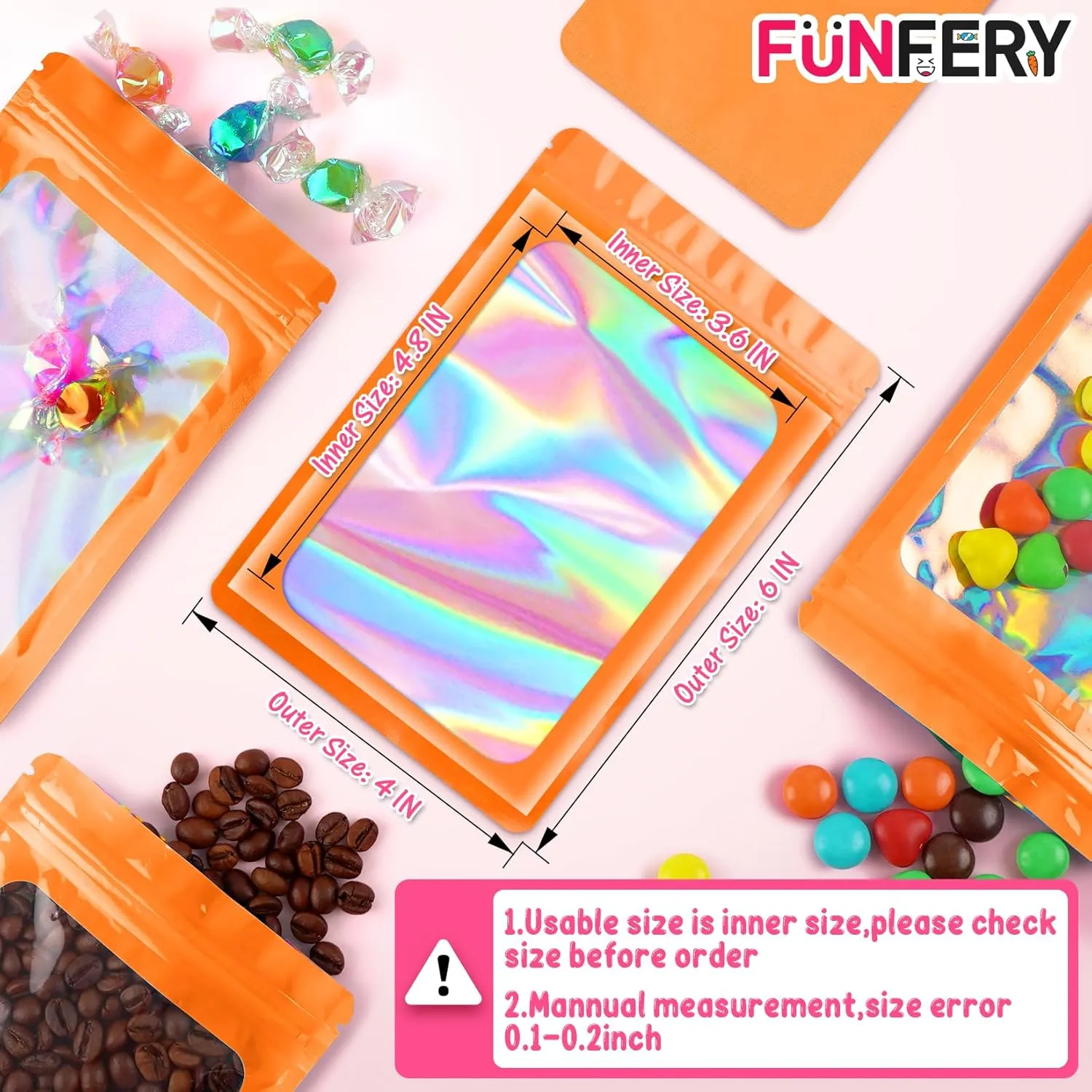 Funfery 100 Pack Resealable Bags Clear Holographic Bags,Smell Proof Packaging Baggies,Mylar Food Storage Bag,Zipper Sealing Pouch for Coffee Beans,Cookies,Jewelry Sample Small Business(Orange,4x6in)