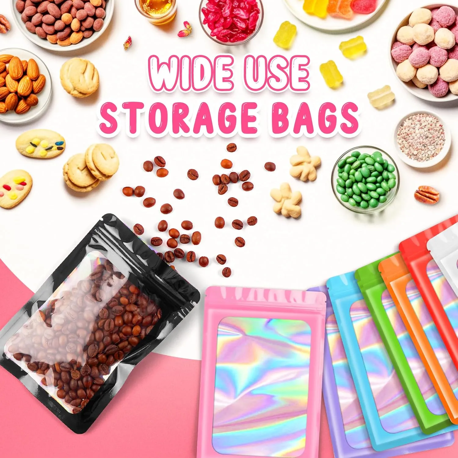 Funfery 100 Pack Resealable Bags Clear Holographic Bags,Smell Proof Packaging Baggies,Mylar Food Storage Bag,Zipper Sealing Pouch for Coffee Beans,Cookies,Jewelry Sample Small Business(Orange,4x6in)