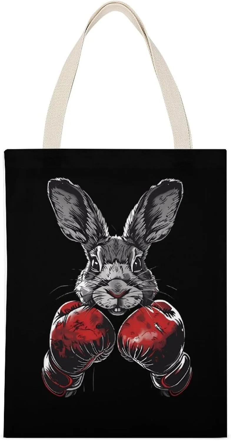 Funny Boxing Rabbit Printed Canvas Tote Bags Shoulder Bag Reusable Grocery Shopping Handbag DIY Gifts 14"x18"