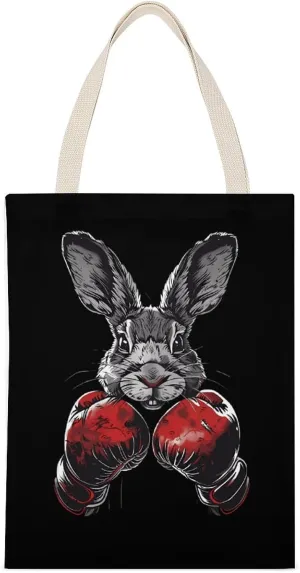 Funny Boxing Rabbit Printed Canvas Tote Bags Shoulder Bag Reusable Grocery Shopping Handbag DIY Gifts 14"x18"