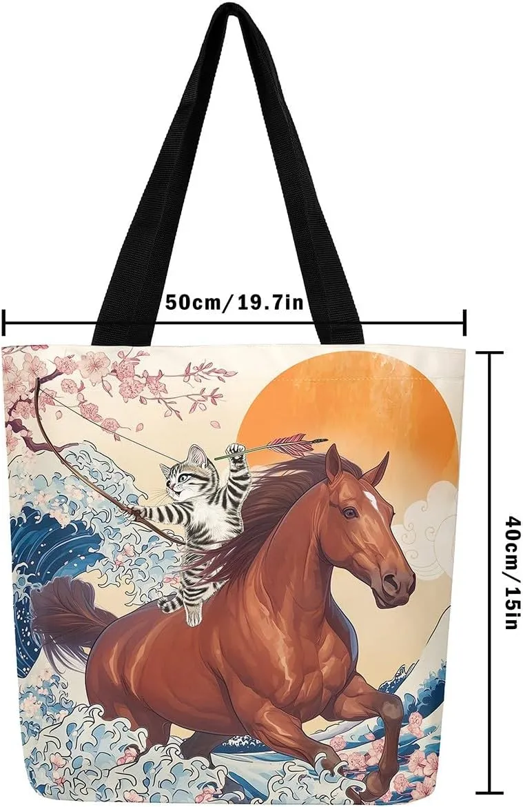Funny Cat Canvas Bag Japanese Ocean Wave Grocery Bag, Cartoon Asian Fun Anime Canvas Tote Bag