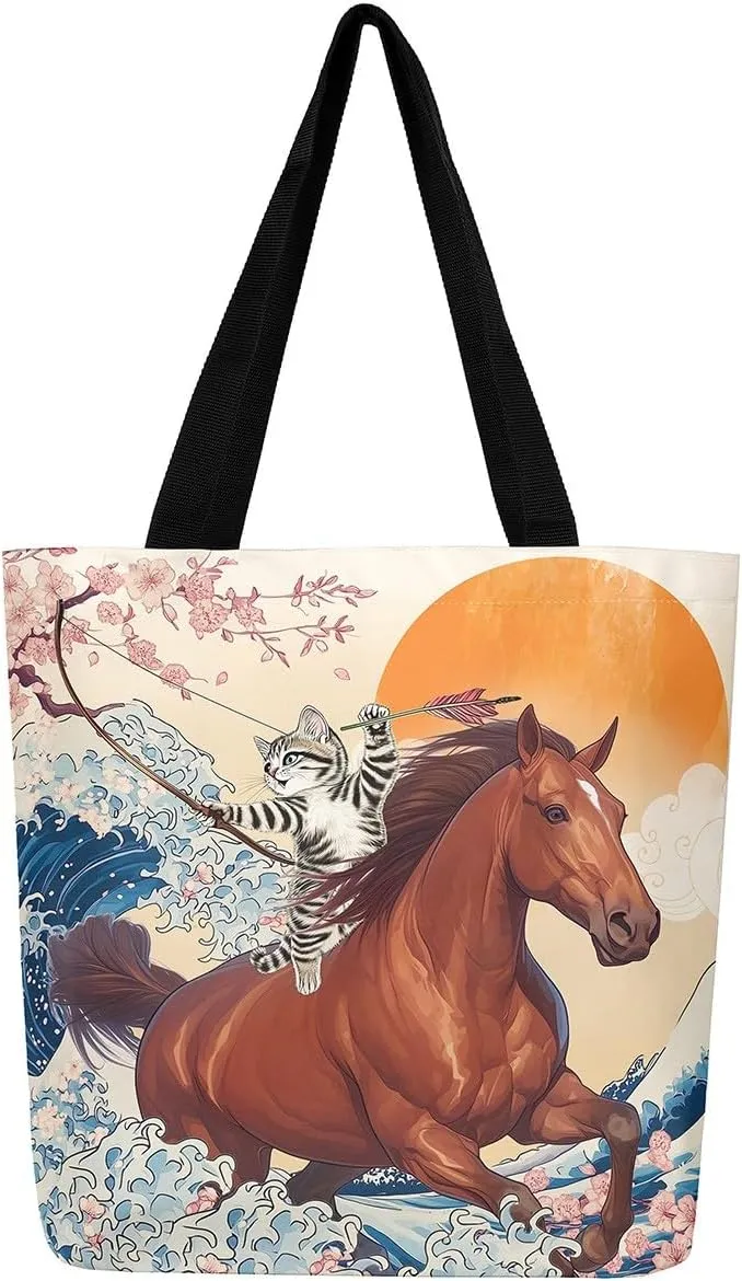 Funny Cat Canvas Bag Japanese Ocean Wave Grocery Bag, Cartoon Asian Fun Anime Canvas Tote Bag