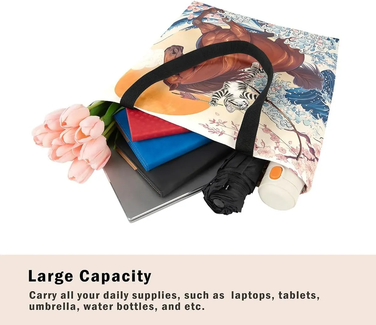Funny Cat Canvas Bag Japanese Ocean Wave Grocery Bag, Cartoon Asian Fun Anime Canvas Tote Bag