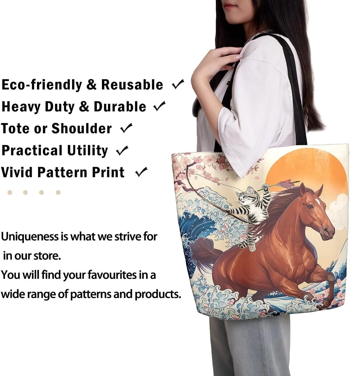 Funny Cat Canvas Bag Japanese Ocean Wave Grocery Bag, Cartoon Asian Fun Anime Canvas Tote Bag
