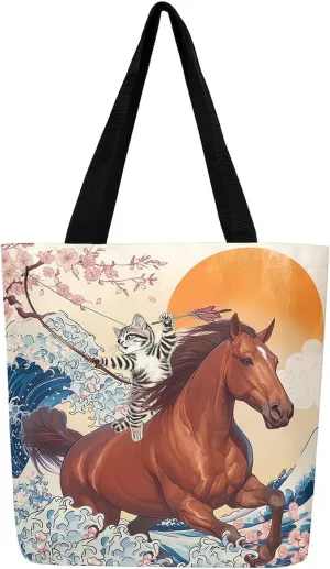 Funny Cat Canvas Bag Japanese Ocean Wave Grocery Bag, Cartoon Asian Fun Anime Canvas Tote Bag