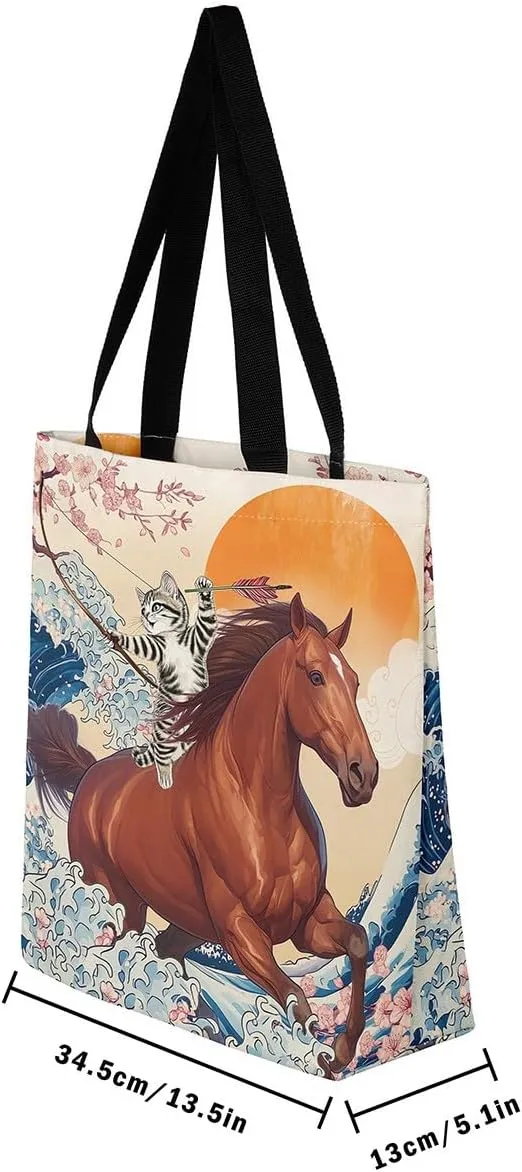 Funny Cat Canvas Bag Japanese Ocean Wave Grocery Bag, Cartoon Asian Fun Anime Canvas Tote Bag
