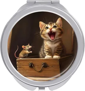 Funny Cat in A Box Rat Compact Makeup Mirror Mini Foldable Cosmetic Mirror Portable Travel Mirror for Purse Pocket