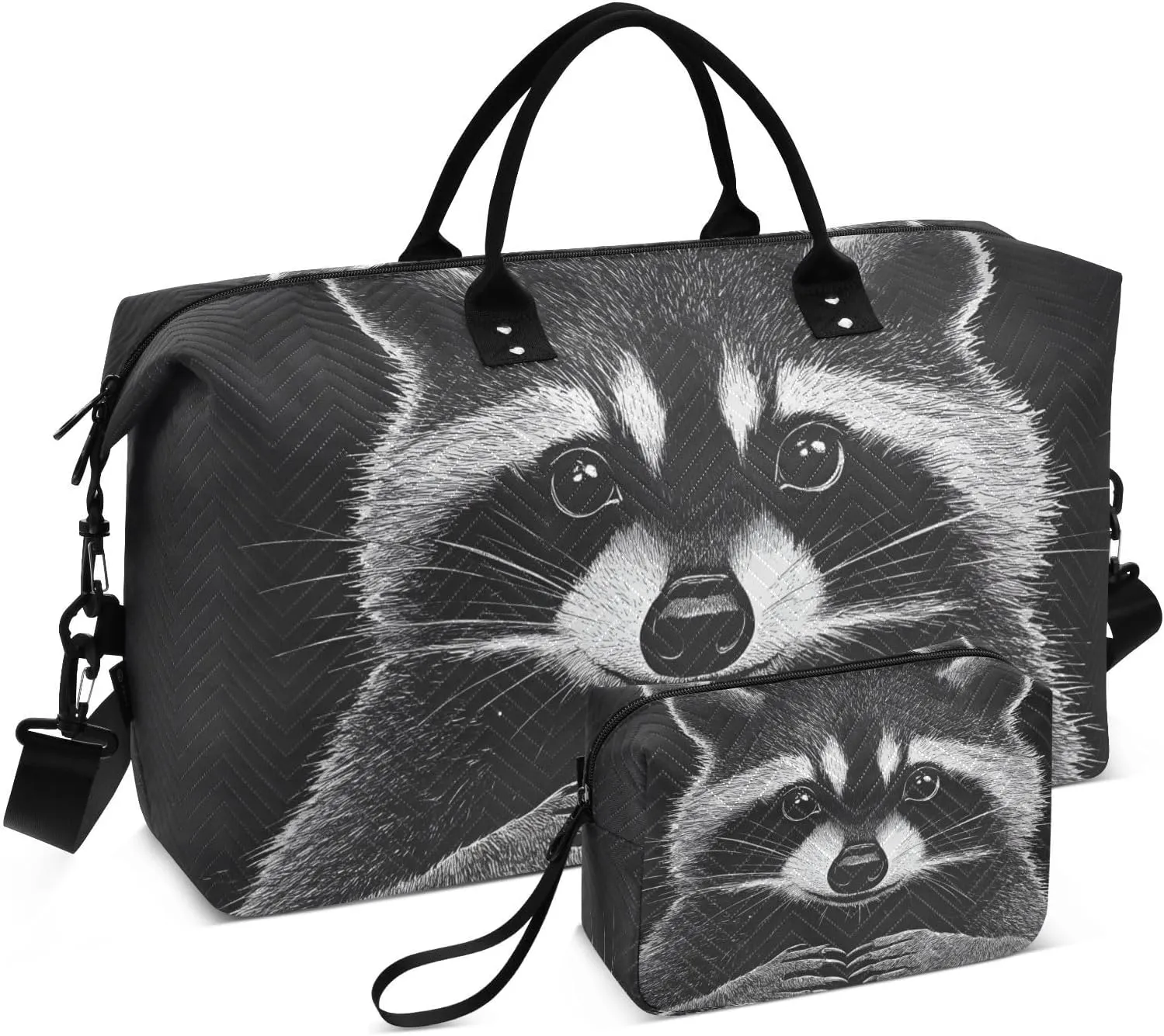 Funny Raccoon Portrait Black Duffel Bag for Traveling, Gym Bags with Multiple Interior Pockets for Women Men Toiletry Purse Included 20.5”x 1.9” x 13.8”