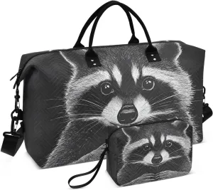 Funny Raccoon Portrait Black Duffel Bag for Traveling, Gym Bags with Multiple Interior Pockets for Women Men Toiletry Purse Included 20.5”x 1.9” x 13.8”