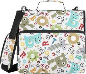 Funny Robots Alphabet Zipper Binder 1.5 Inch 3 Ring Binder Bag with Shoulder Strap Binder Organizer for Office College, 1 Pack