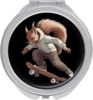 Funny Squirrel Skateboard Skater Compact Makeup Mirror Mini Foldable Cosmetic Mirror Portable Travel Mirror for Purse Pocket