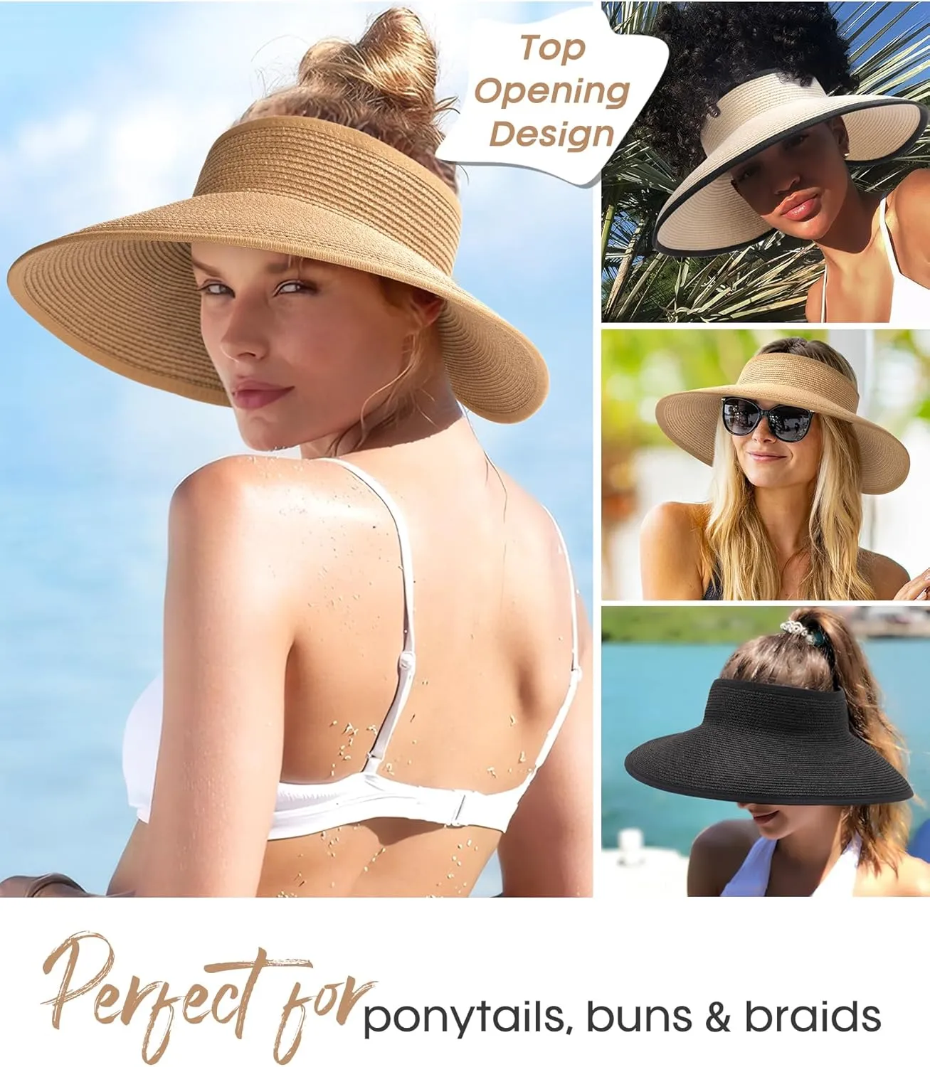 FURTALK Straw Sun Visor Hats for Women UPF 80  Wide Brim Pontytail Summer Beach Hats
