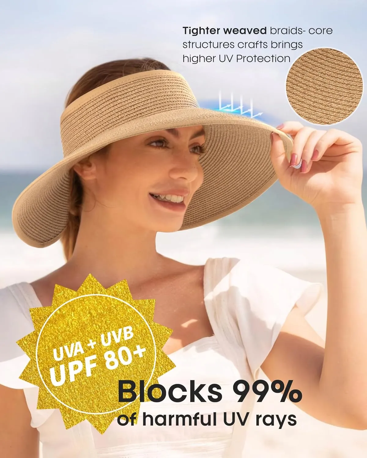 FURTALK Straw Sun Visor Hats for Women UPF 80  Wide Brim Pontytail Summer Beach Hats