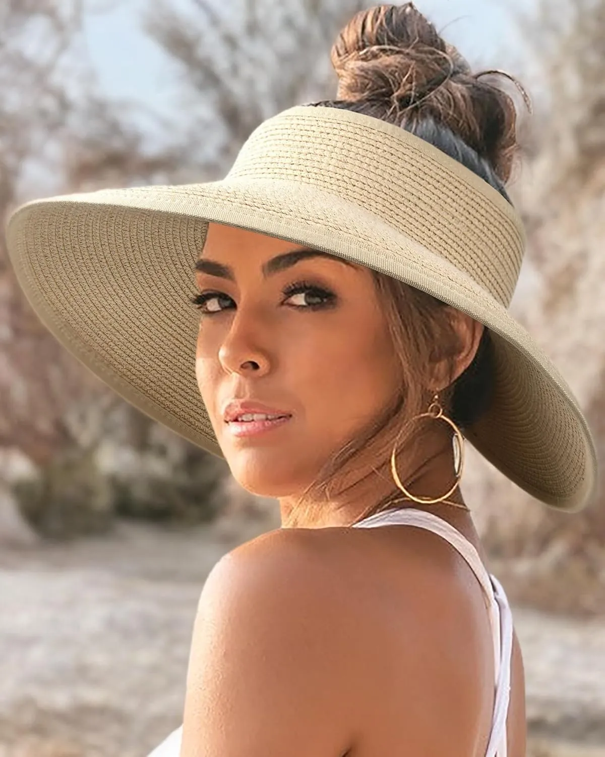 FURTALK Sun Hats for Women Wide Brim Beach Hat Straw Visor Ponytail Summer UV Packable Foldable Beach Vacation Essentials