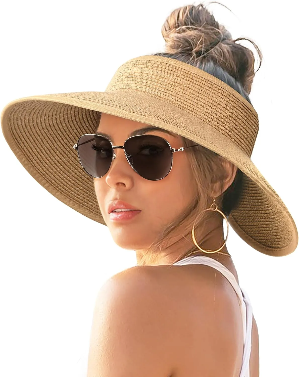 FURTALK Sun Hats for Women Wide Brim Beach Hat Straw Visor Ponytail Summer UV Packable Foldable Beach Vacation Essentials