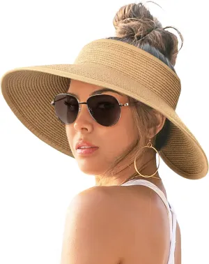 FURTALK Sun Hats for Women Wide Brim Beach Hat Straw Visor Ponytail Summer UV Packable Foldable Beach Vacation Essentials