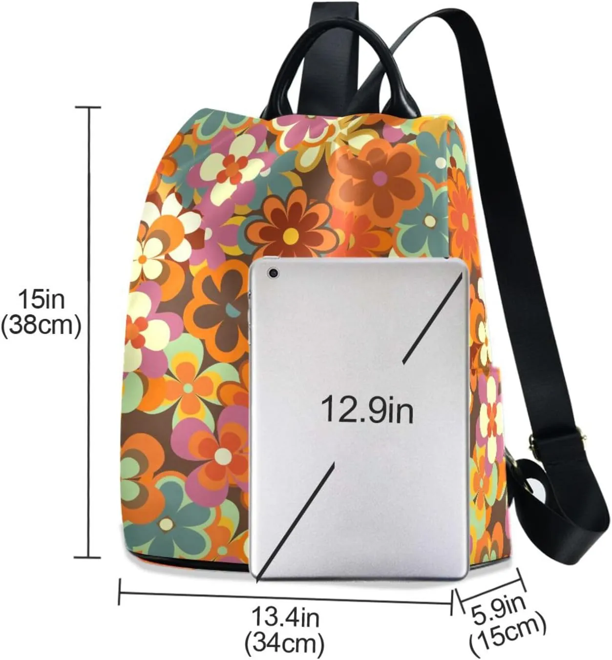 Fustylead 70s Retro Boho Colorful Little Daisy Floral Backpack Purse for Women Fashion Ladies Shoulder Bags Large Travel Bag