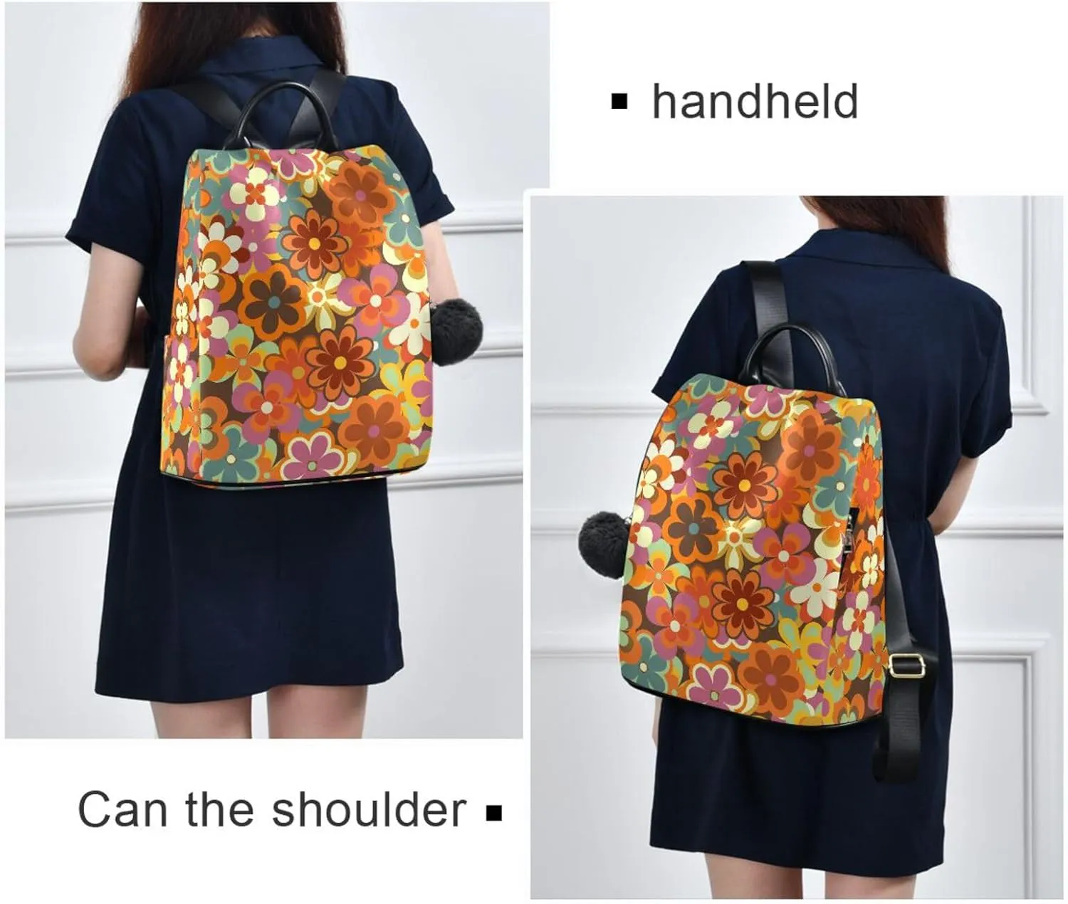 Fustylead 70s Retro Boho Colorful Little Daisy Floral Backpack Purse for Women Fashion Ladies Shoulder Bags Large Travel Bag