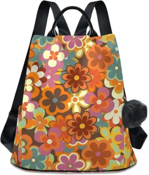Fustylead 70s Retro Boho Colorful Little Daisy Floral Backpack Purse for Women Fashion Ladies Shoulder Bags Large Travel Bag