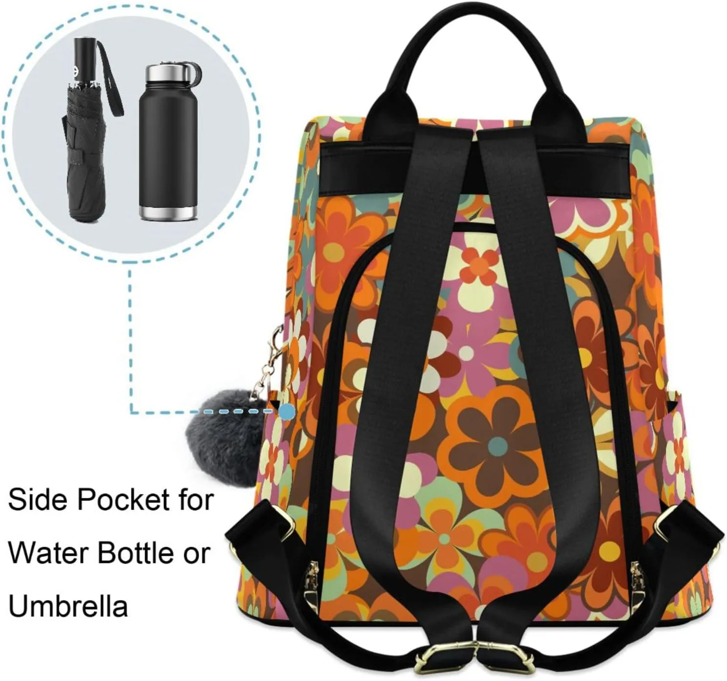 Fustylead 70s Retro Boho Colorful Little Daisy Floral Backpack Purse for Women Fashion Ladies Shoulder Bags Large Travel Bag
