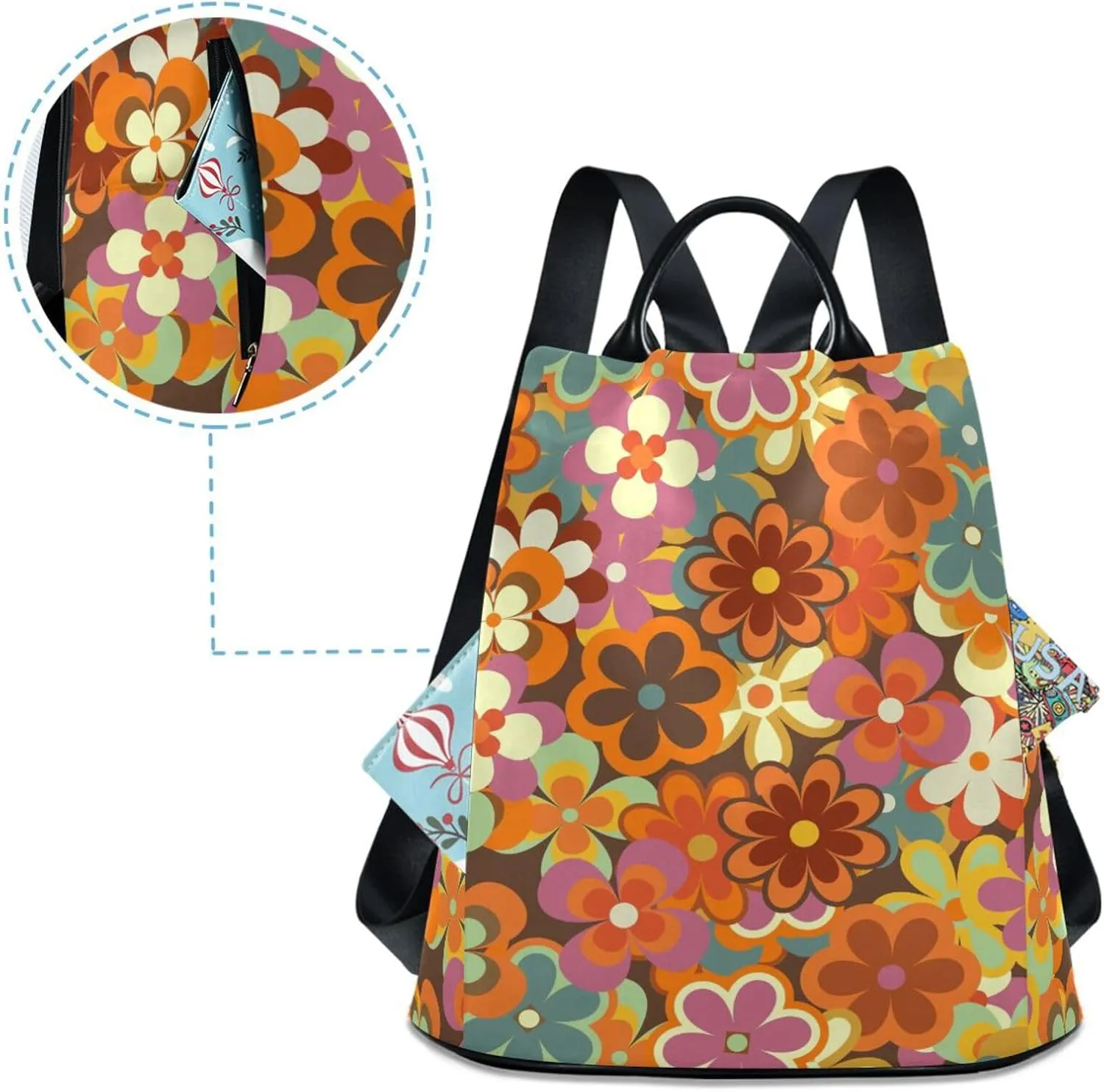Fustylead 70s Retro Boho Colorful Little Daisy Floral Backpack Purse for Women Fashion Ladies Shoulder Bags Large Travel Bag