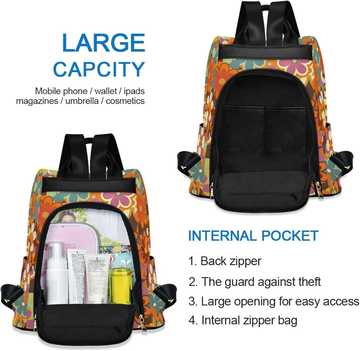 Fustylead 70s Retro Boho Colorful Little Daisy Floral Backpack Purse for Women Fashion Ladies Shoulder Bags Large Travel Bag