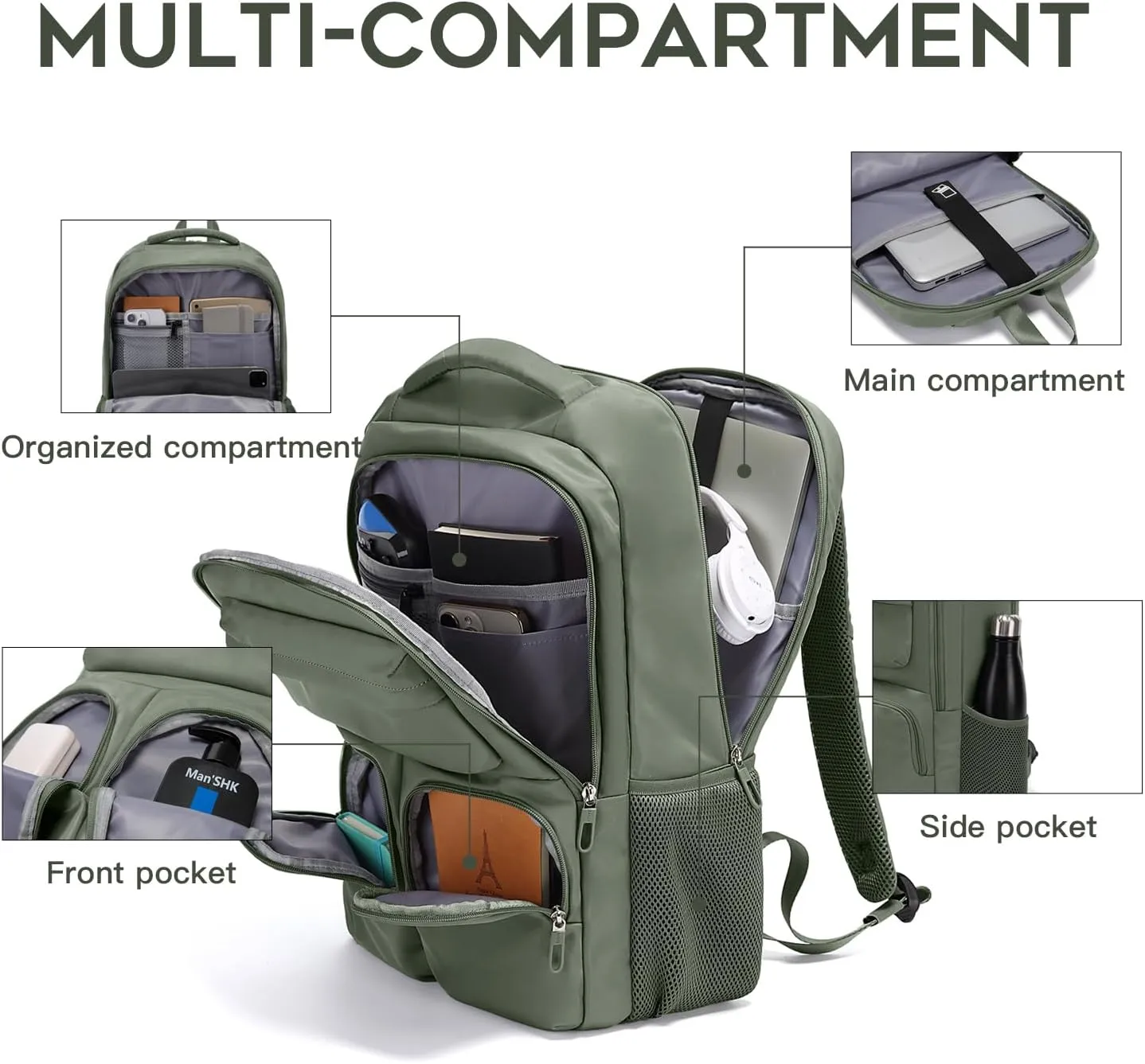 FUTURE AESTHETICS Travel Backpack for Women、men, College Backpack Bag, Hiking Backpack,Waterproof Carry On Backpack Business Backpack (Green)