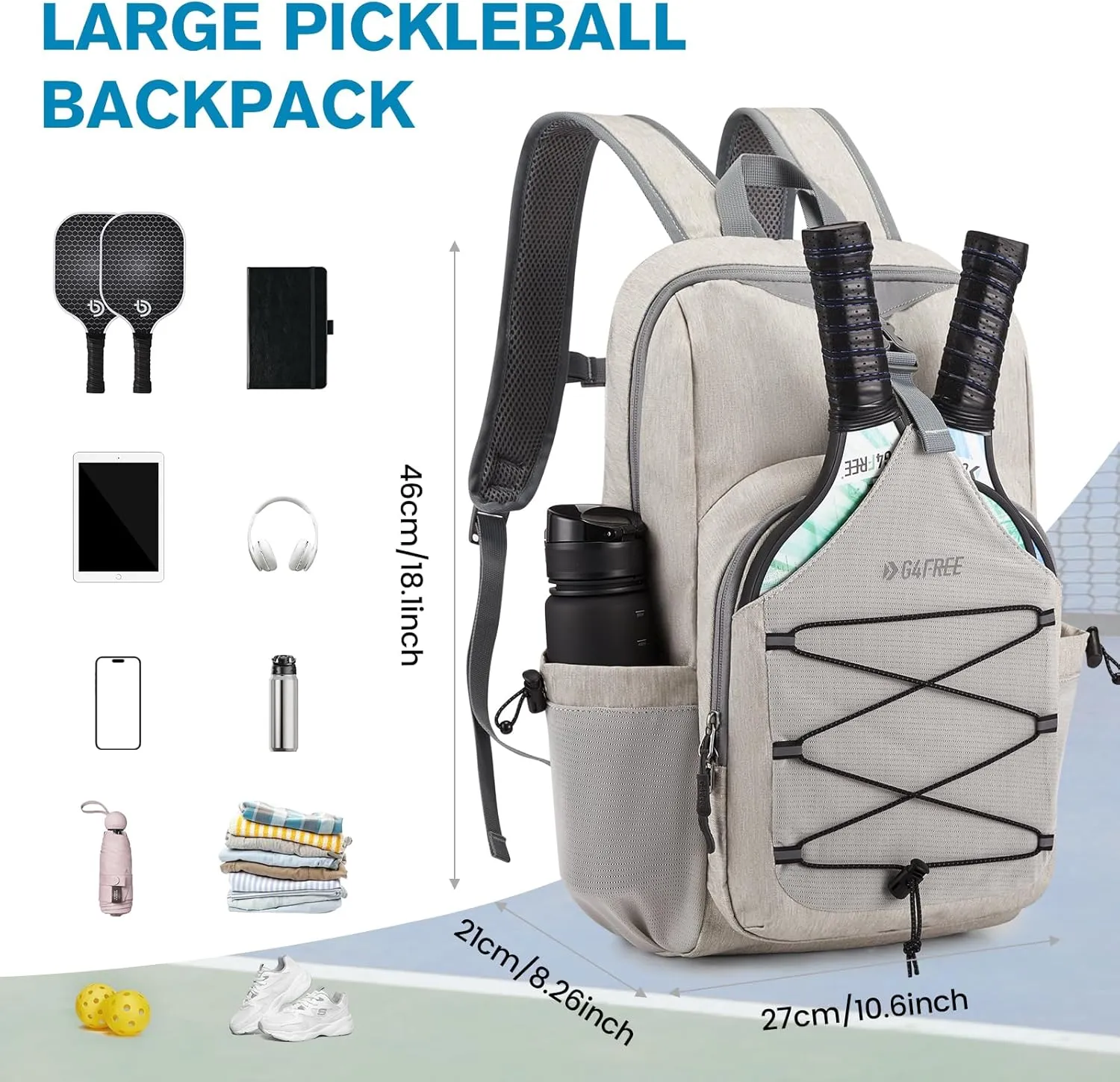 G4Free Pickleball Bag, Pickleball Backpack for Women and Men, Padel Bag Fits 2 to 4 Paddles, Gifts for Pickleball Lovers
