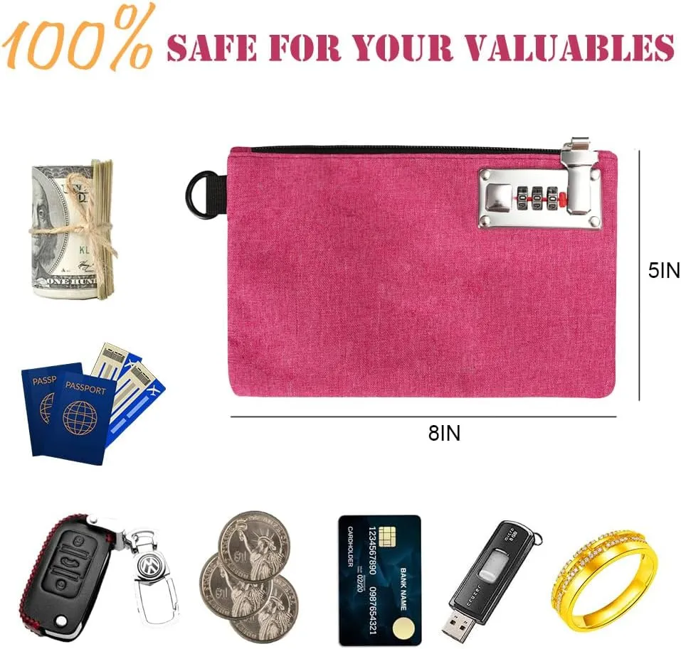 GEEDUD Lockable Money Bag - 5x8 Inches Durable Nylon Locking Bank Bag Coin Purse for Cash, Jewelry, Passports, Medicine, Credit Cards and Valuable Storage Cash Pouch (Pink)