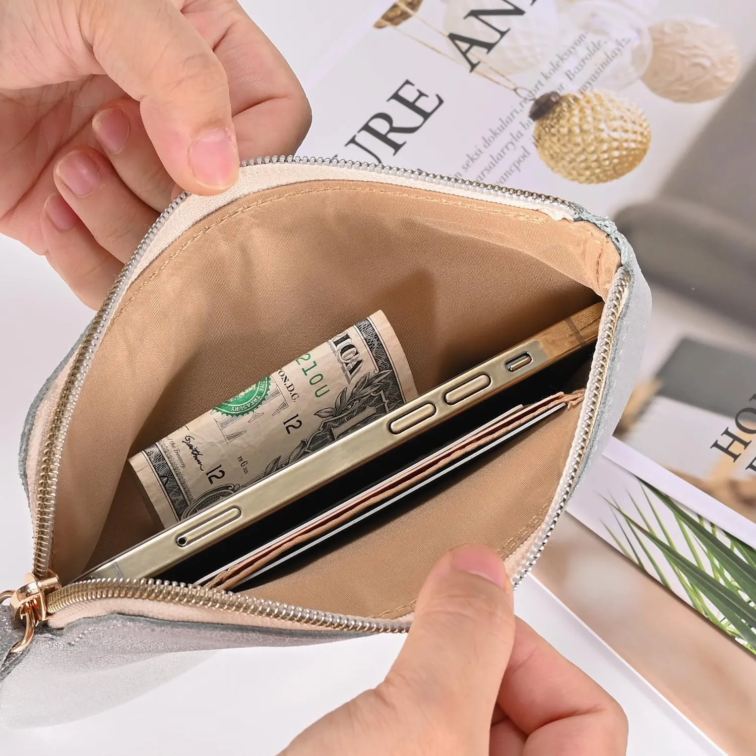 Genuine Leather 4.5 x 6.5 Wristlet Purse for Women, Evening Wristlet Pouch Clutch Bag