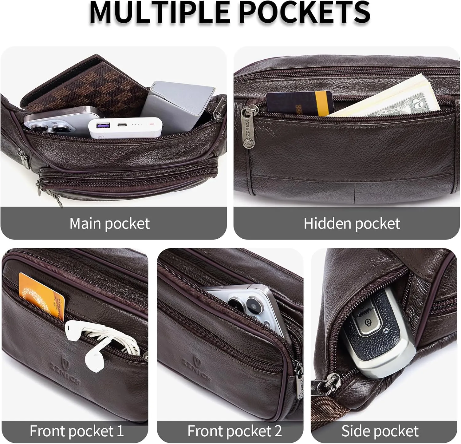Genuine Leather Fanny Pack/Waist Bag/Organizer with Adjustable Belt, Multiple Pockets For Men and Women