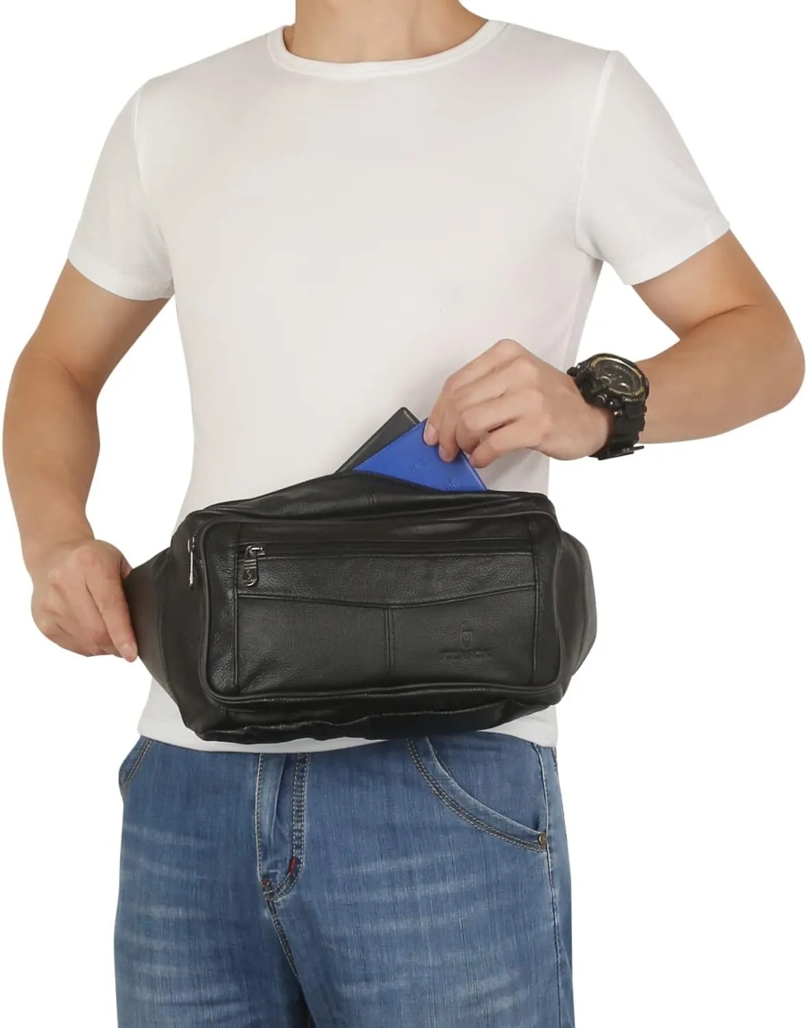 Genuine Leather Fanny Pack/Waist Bag/Organizer with Adjustable Belt, Multiple Pockets For Men and Women