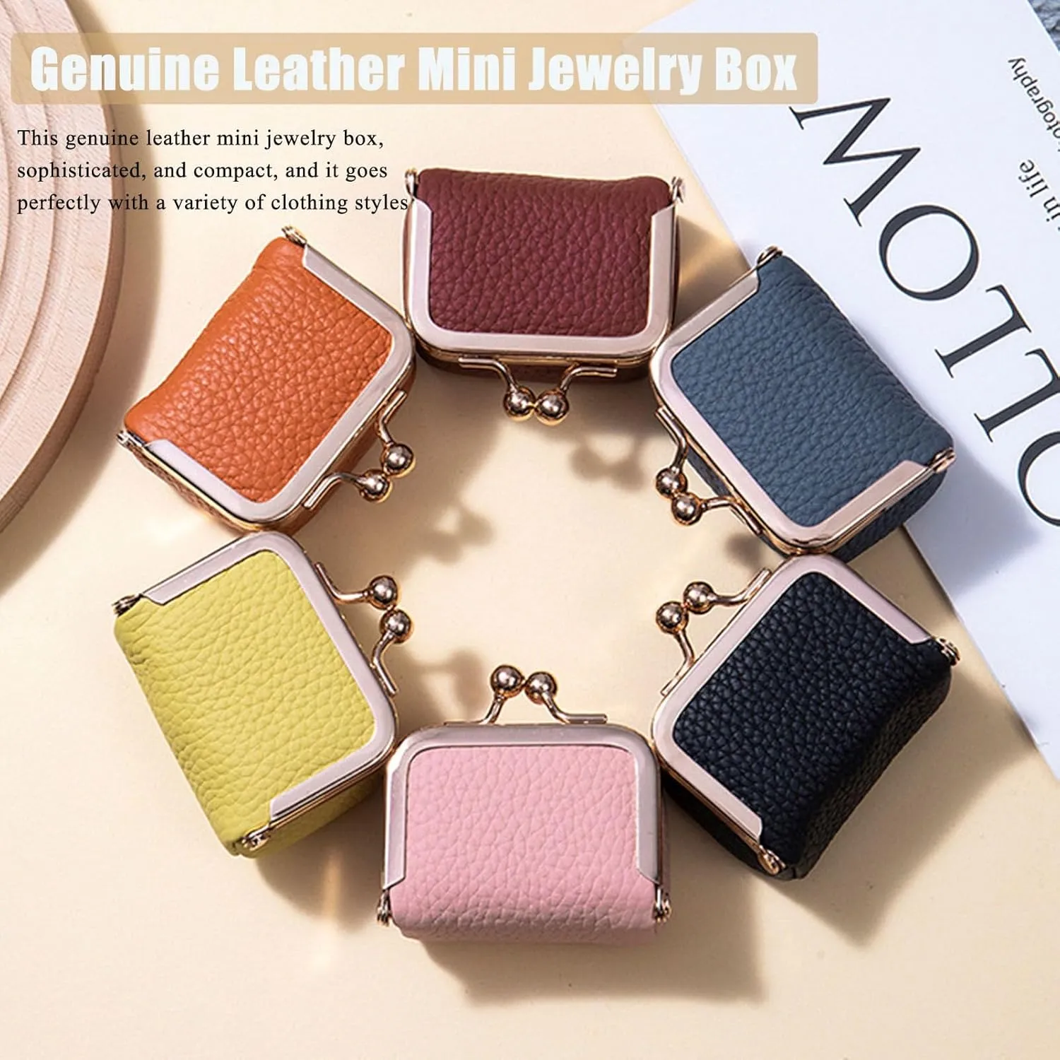 Genuine Leather Mini Jewelry Box, Mini Coin Purse Jewelry Case, Jewelry Case Kiss Lock, Travel Ring Box for Women for Earring/Ring/Necklace/Bracele (2 Pcs-F)
