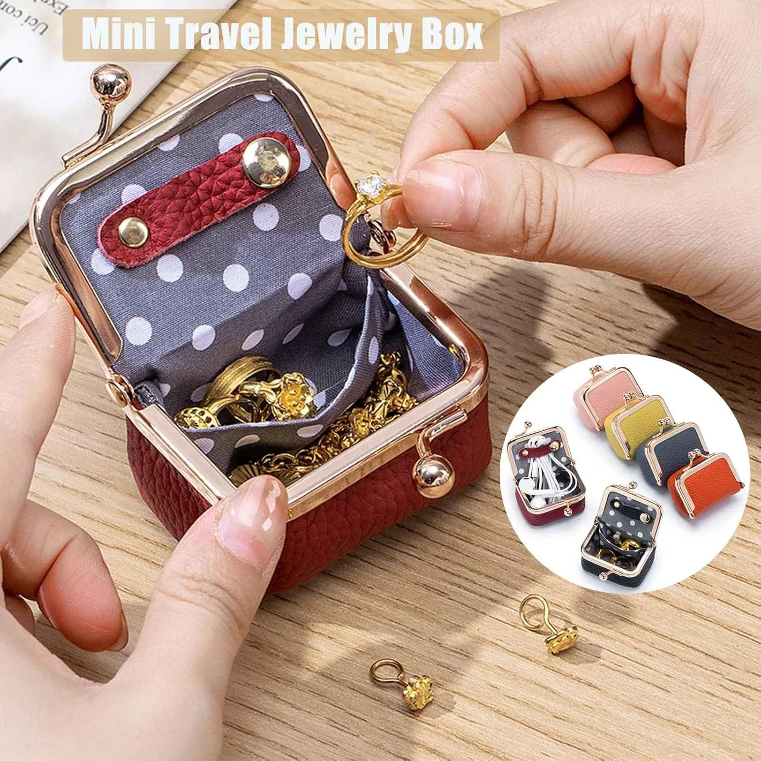 Genuine Leather Mini Jewelry Box, Mini Coin Purse Jewelry Case, Jewelry Case Kiss Lock, Travel Ring Box for Women for Earring/Ring/Necklace/Bracele (2 Pcs-F)