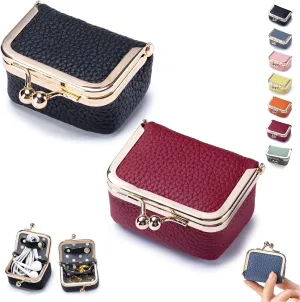 Genuine Leather Mini Jewelry Box, Mini Coin Purse Jewelry Case, Jewelry Case Kiss Lock, Travel Ring Box for Women for Earring/Ring/Necklace/Bracele (2 Pcs-F)