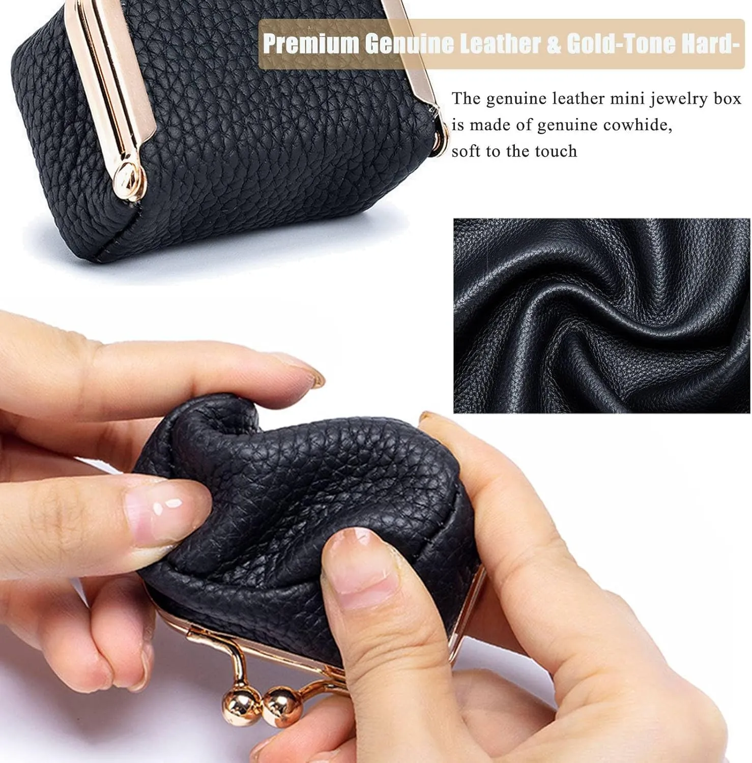 Genuine Leather Mini Jewelry Box, Mini Coin Purse Jewelry Case, Jewelry Case Kiss Lock, Travel Ring Box for Women for Earring/Ring/Necklace/Bracele (2 Pcs-F)