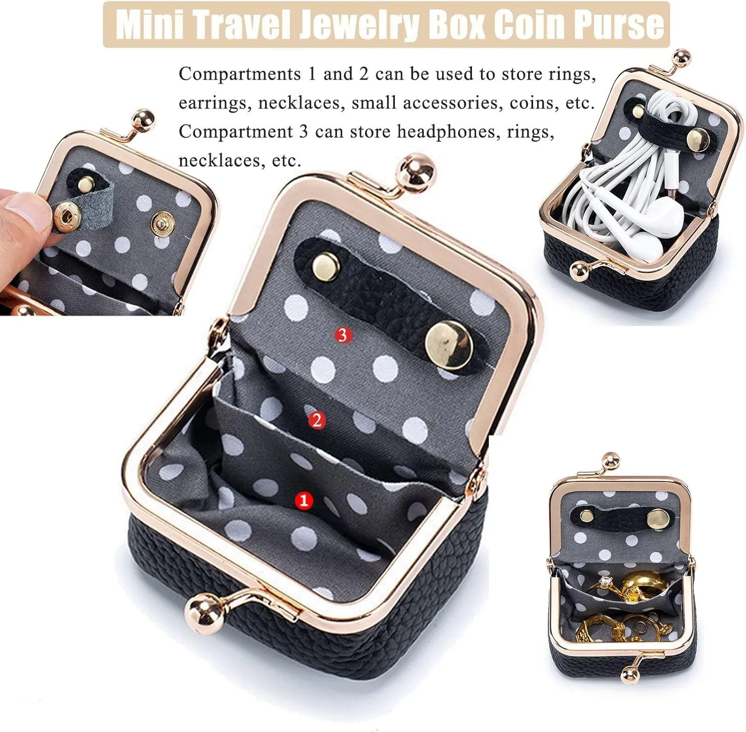 Genuine Leather Mini Jewelry Box, Mini Coin Purse Jewelry Case, Jewelry Case Kiss Lock, Travel Ring Box for Women for Earring/Ring/Necklace/Bracele (2 Pcs-F)