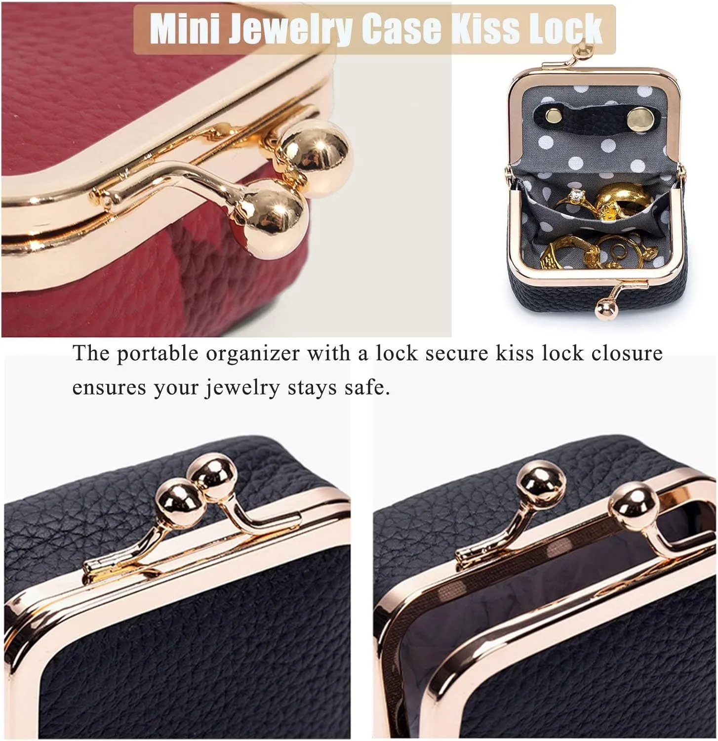 Genuine Leather Mini Jewelry Box, Mini Coin Purse Jewelry Case, Jewelry Case Kiss Lock, Travel Ring Box for Women for Earring/Ring/Necklace/Bracele (2 Pcs-F)