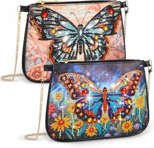 Geyoga 2 Pcs Diamond Art Purses Diamond Art Kits for Adults Butterfly Handbag Crossbody Bag 5D DIY Shoulder Makeup Bag Chain Leather Clutch Purse