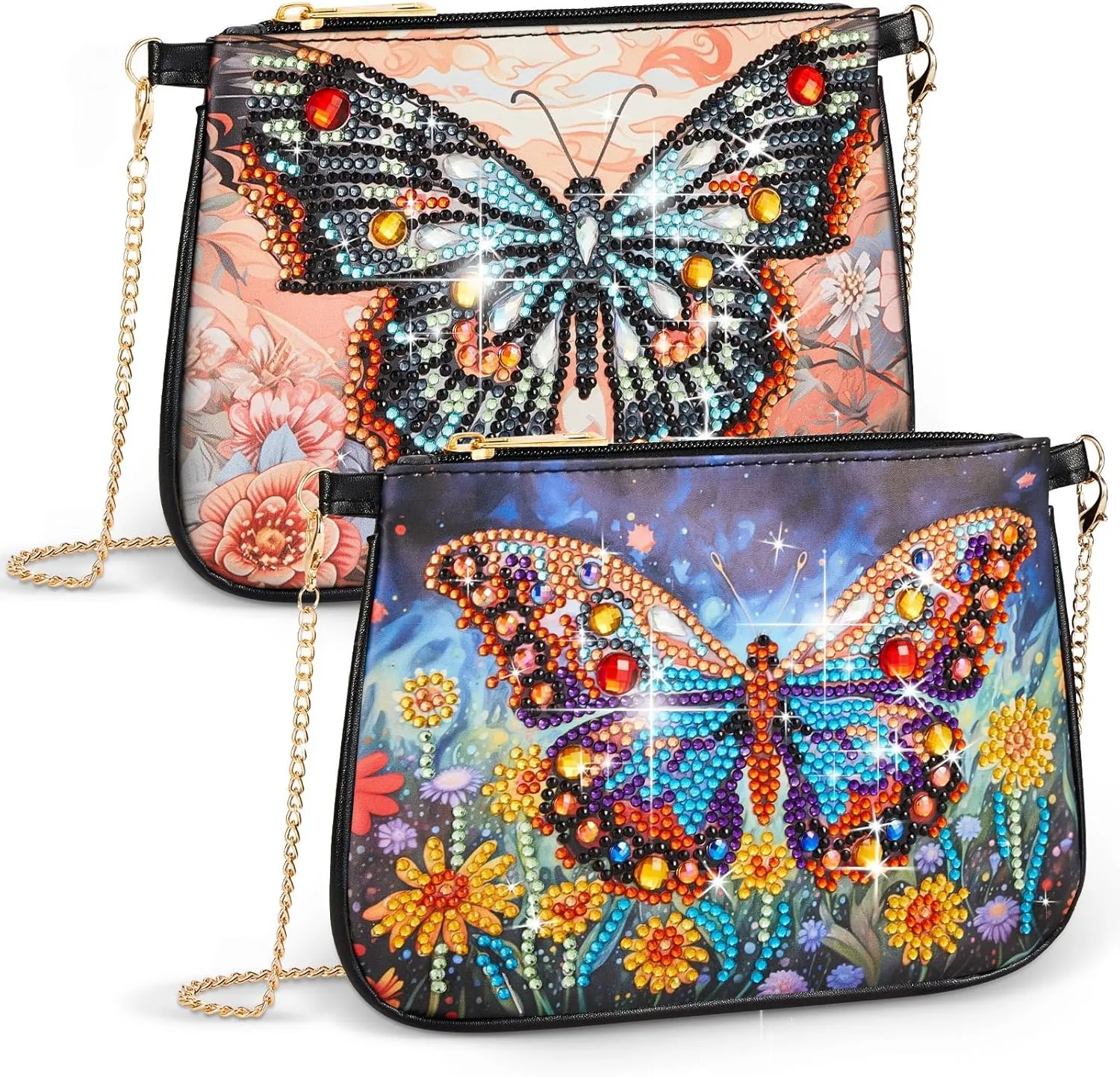 Geyoga 2 Pcs Diamond Art Purses Diamond Art Kits for Adults Butterfly Handbag Crossbody Bag 5D DIY Shoulder Makeup Bag Chain Leather Clutch Purse