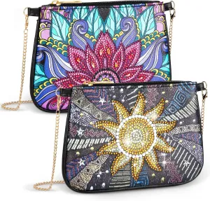 Geyoga 2 Pcs Diamond Art Purses Handbag Diamond Art Kits for Adults Sunflower and Flower Crossbody Bag 5D DIY Shoulder Makeup Bag Chain Leather Clutch Purse