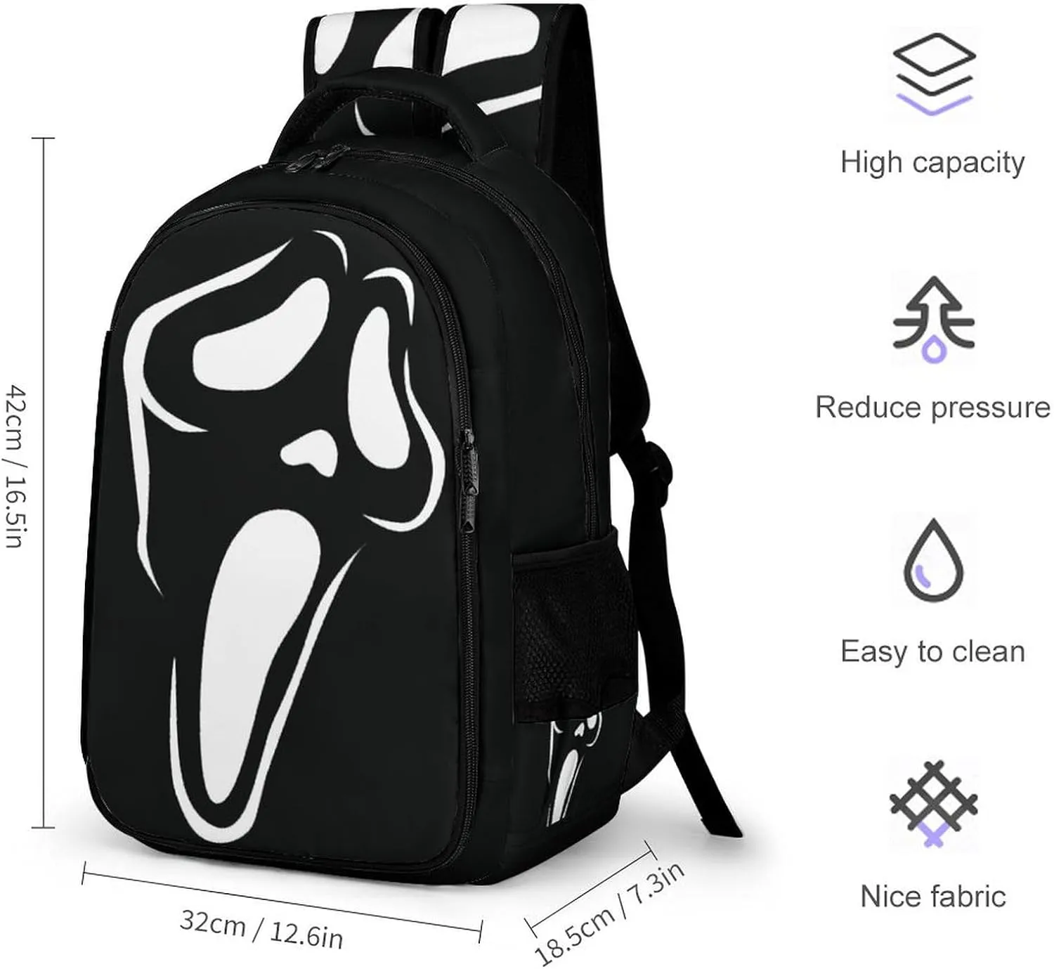Ghost Mask Face Backpack Scream Spooky FunnyTravel Casual Laptop Bag Daypack for Men Women Outdoor Hiking Business Work Back Packs