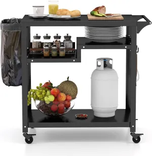 Giantex Outdoor Grill Cart, Pizza Oven Stand with Wheels, 3 Storage Shelves, Removable Hooks, Garbage Bag Holder, Movable Dining Cart Food Prep Worktable Cooking Station for Outside Kitchen BBQ
